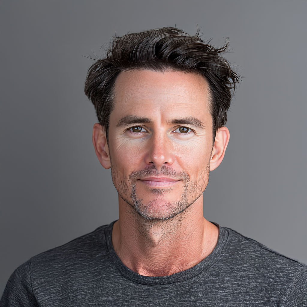 Jonge man nadat hij een haarwerk van echt haar van Just Hair is aangemeten.