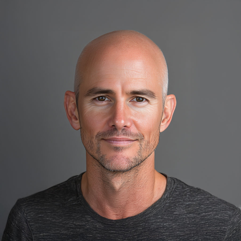 Jonge man voordat hij een haarwerk van echt haar van Just Hair aangemeten krijgt.