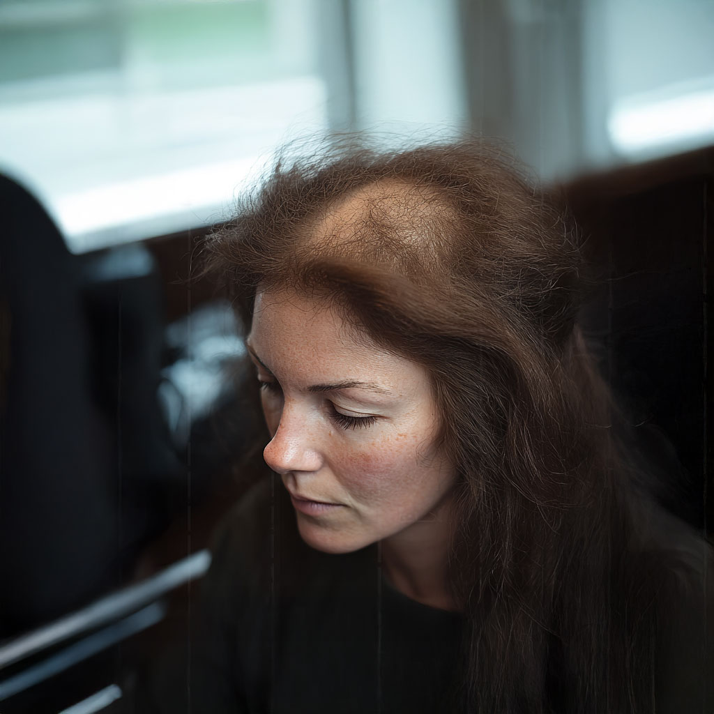 Jonge vrouw voordat ze een topper van echt haar van Just Hair aangemeten krijgt.